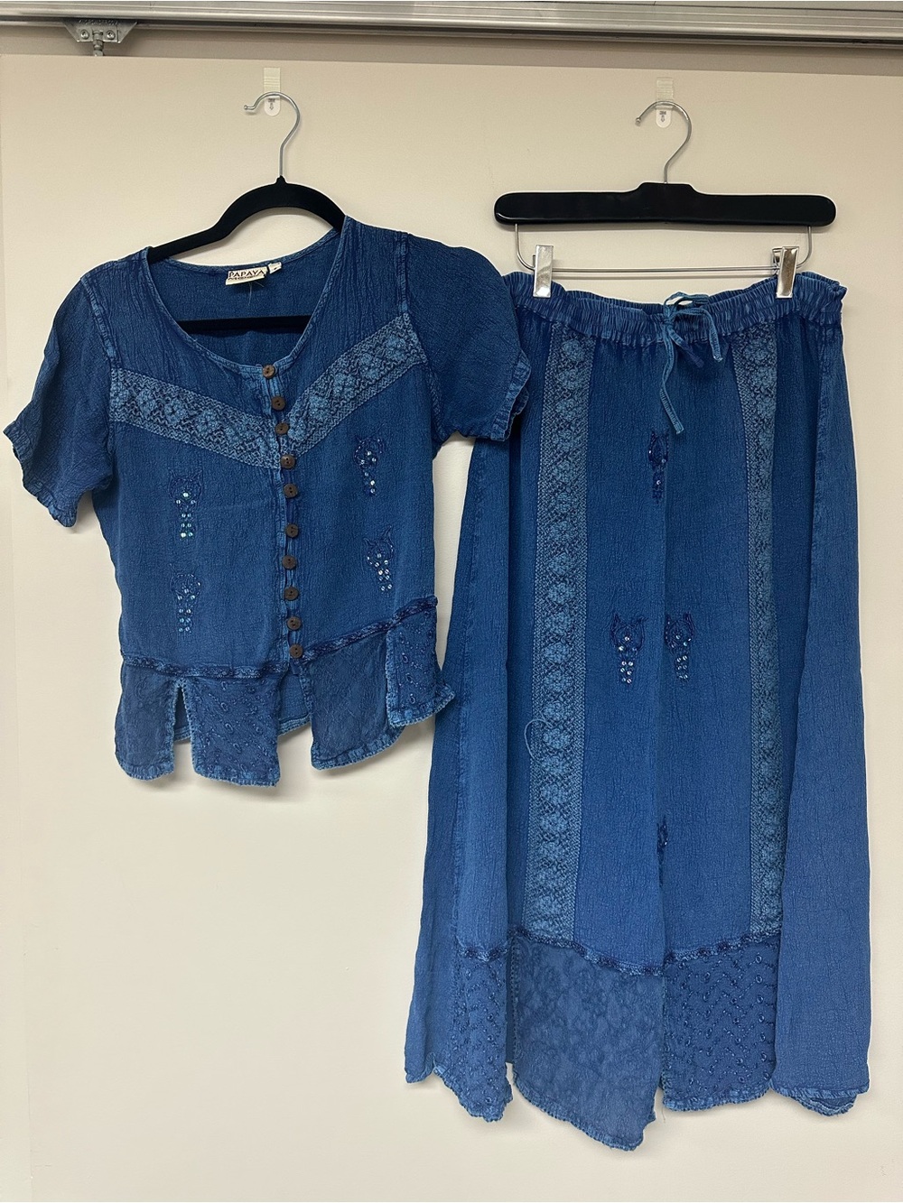 Papaya Moon Blue Two-Piece Boho Maxi Skirt and Tie Shirt Set